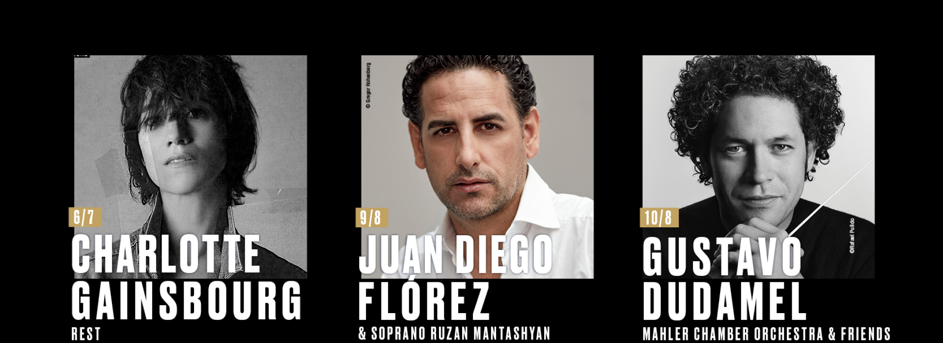 Singer and actress Charlotte Gainsbourg, tenor Juan Diego Flórez and conductor Gustavo Dudamel will be performing at the 33rd edition of the Festival.